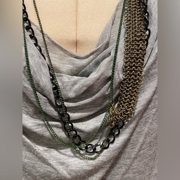 Yigal Azrouel Grey Top with Bubble Hem and Attached Neclace Chain. - Picture 3 of 12